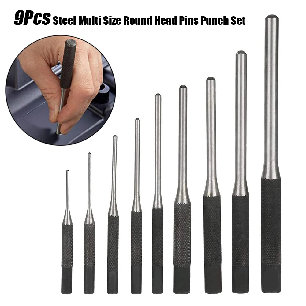 

9pcs Steel Multi Size Round Head Pins Punch Set Grip Roll Pins Punch Tool Kit Professional Hollow End Starter Punch Chisel