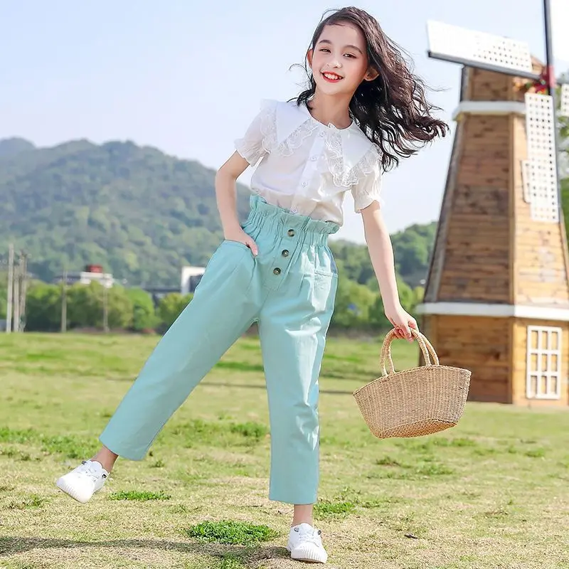 

Детская одежда для девочек, летний костюм из блузки с кружевным воротником и брюк, комплекты одежды для девочек-подростков, костюм для школьников и детей