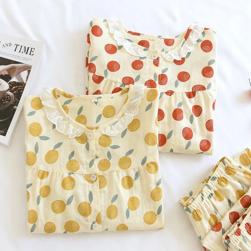 Pj Sets for Women Woven Cotton Long Sleeve Trousers Encryption Double Gauze Lace Collar Botton Suit Spring Thin Female Pajamas