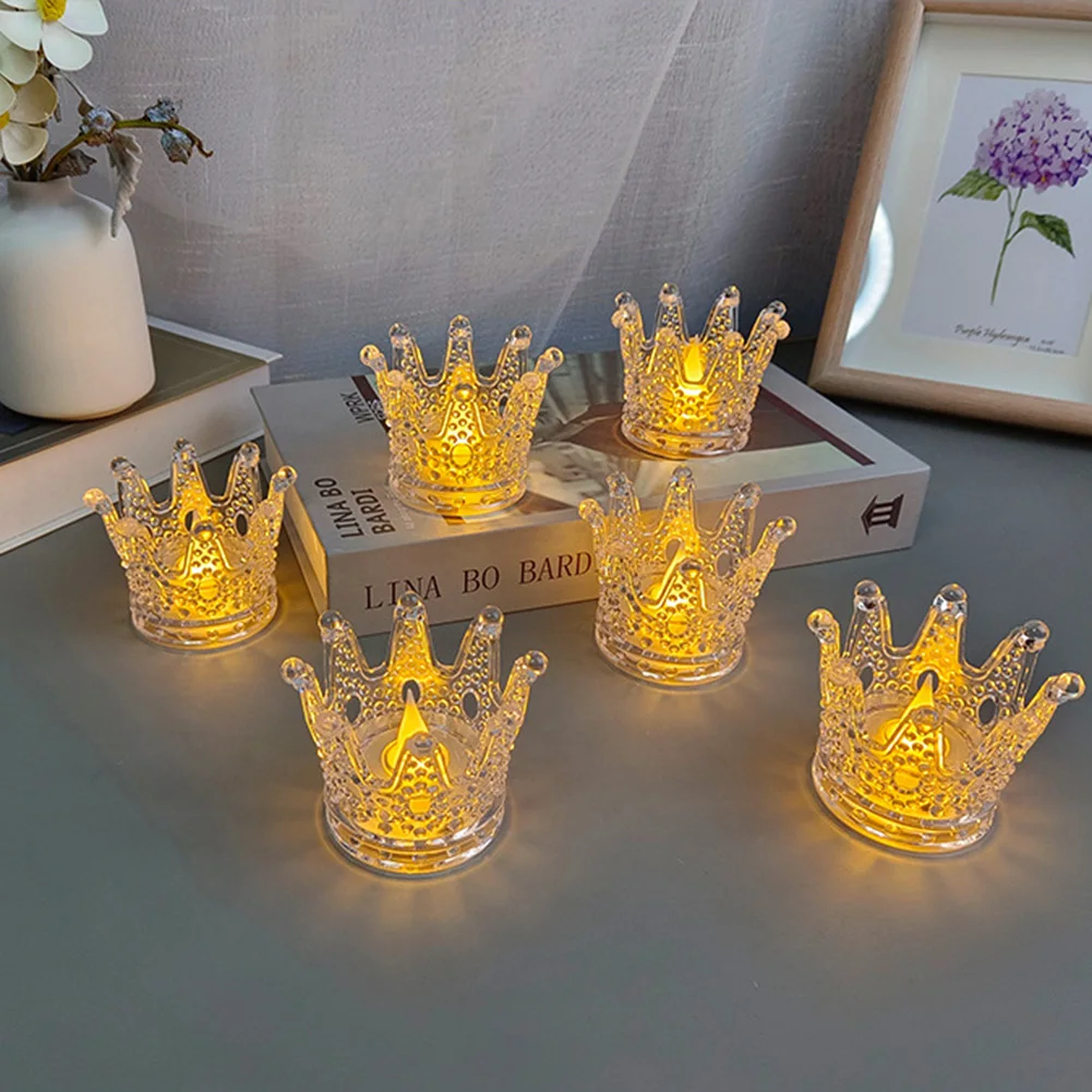 

6pcs Crown Candle Nightlight Atmosphere Light Transparent Flameless LED Crown Crystal Candlestick Desktop Light Ornaments