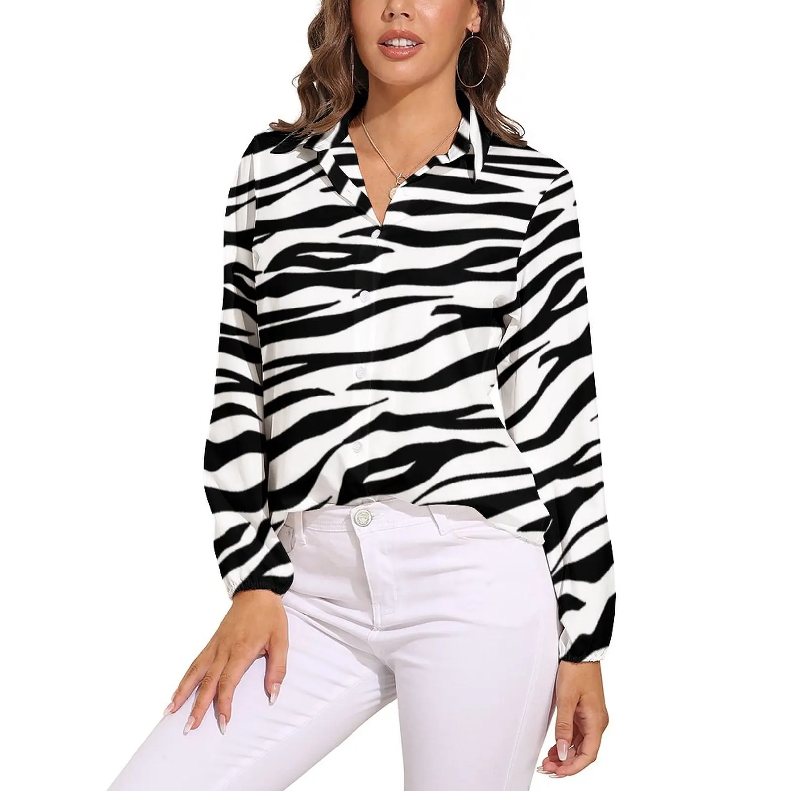 

Black White Tiger Print Blouse Womens Animal Fur Stripes Basic Loose Blouses Long Sleeve Retro Shirts Clothing Big Size 2XL 3XL