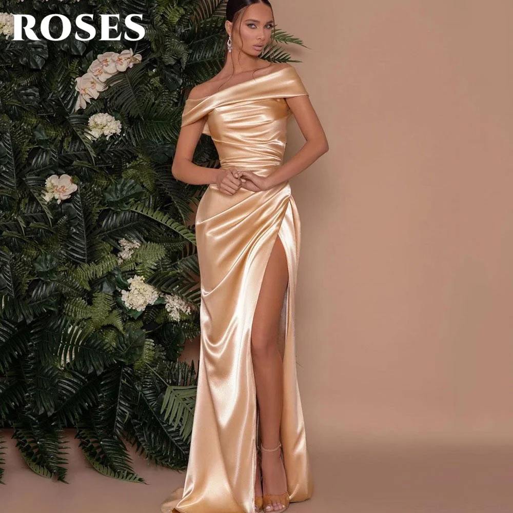 

Champagne Off The Shoulder Satin Evening Dresses Women Celebrity Side Split Lace-up Backless Prom Gowns Custom robes de soirée
