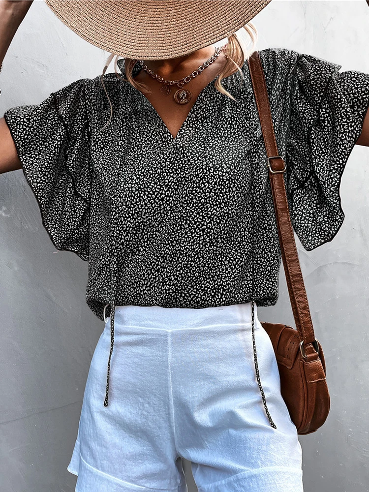 Elegant Blouses Women Chic Printed Ruffles Sleeve V-neck Lace Up Top Ladies Holiday Korean Style Casual Sweet New Blusas Mujer