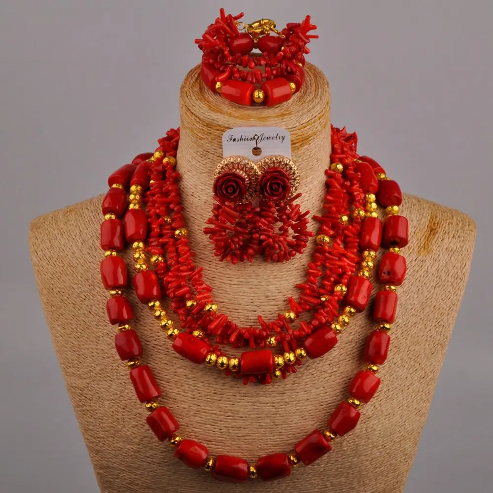 

Laanc Red Coral Beads Jewelry Set Nigerian Traditional Wedding African Coral Necklace Bridal Jewelry Sets