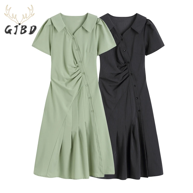 

Women's Vintage Dress V Neck Folds Diagonal Buckle Short Sleeve Casual Fashion High Waist Baggy Long Skirt Ladies Summer