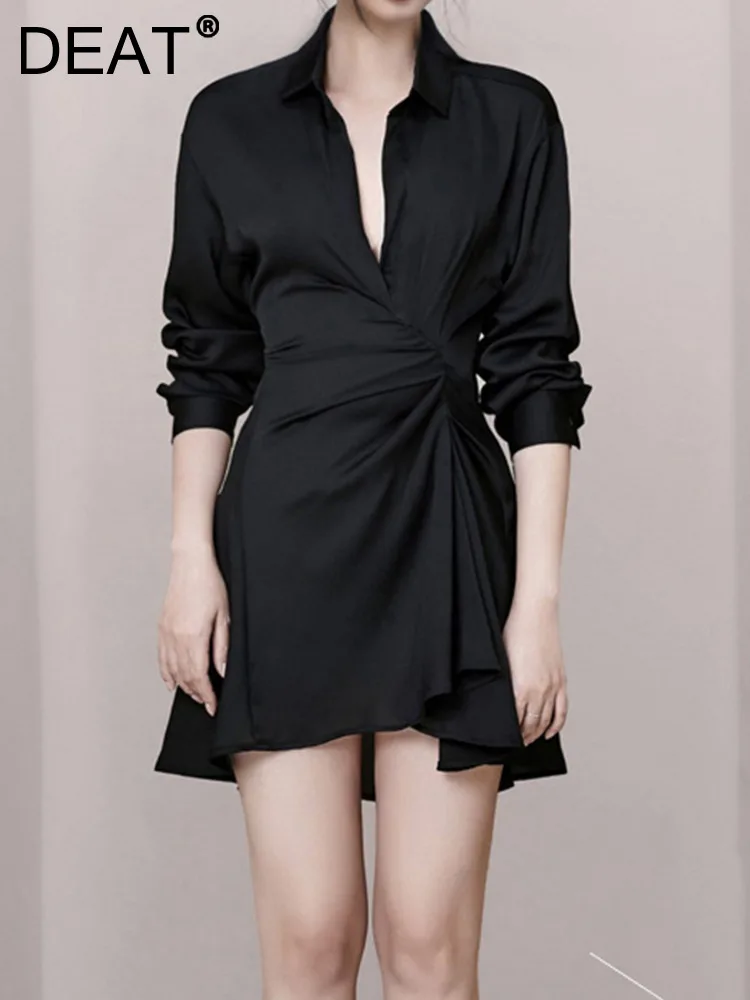

Женское мини-платье с отложным воротником DEAT, черное облегающее платье-трапеция с V-образным вырезом и неравномерной складкой на талии, 17A9411,...