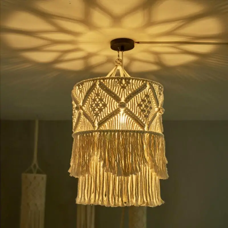 Bohemian Style Macrame Wall Hanging Lampshade Handmade Woven Cotton Retro Lamp For Room Decor Bedroom Living Room Decoration