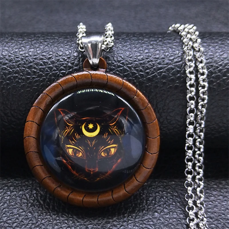 

Witchcraft Moon Imprint Textured Cat Face Necklace Stainless Steel Glass Amulet Pendant Necklace Jewelry cordao masculino NJ34S