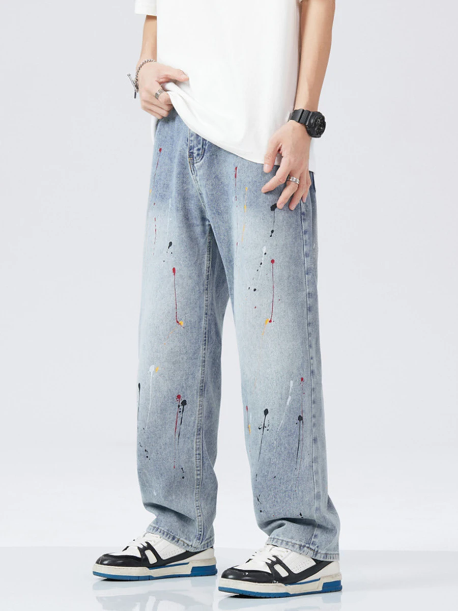 Four Seasons Men's Jeans High Street Loose Straight Ink Splash Trend Wide Leg Pants Streetwear Men Ins Hot Sale Y2k Men’s Jeans