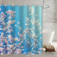 pink cherry blossom shower curtain pink dreamy peach flower blue background print bathroom bath curtains waterproof with hooks