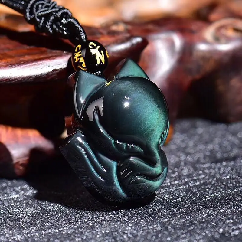 

Natural Rainbow Obsidian Hand Carved Nine Tailed Fox Pendant Fashion Boutique Jewelry Men's and Women's Fox Necklace Gift