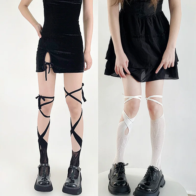 

Кружевные ажурные чулки Jk Tie, асимметричные носки до щиколотки с разрезом, женские носки средней длины на ремешках, летние пикантные длинные японские носки