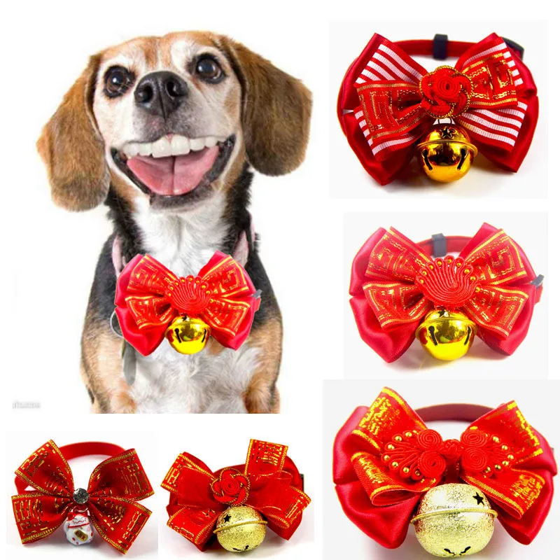 

New Year Dog Collar Bow Tie Adjustable Neck Strap with Bell Small Dog Grooming Accessories Pet Decoration Cat Dog Supplies