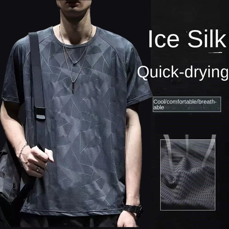 

Summer Men Running T-Shirt Ice Silk Quick Dry Sport Short Sleeve Loose O Neck Printing Thin Fashion High Elasticity Casual Tees
