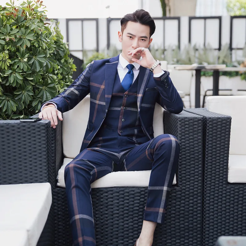 

Новый костюм для жениха сине-серый клетчатый двухцветный костюм-тройка топы жилет мужской деловой повседневный костюм