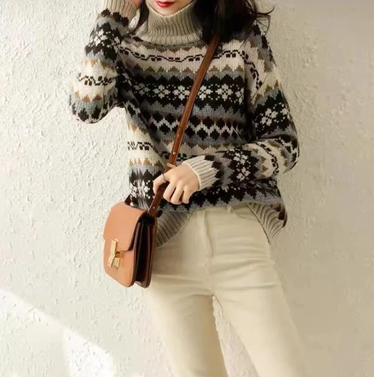 Жаккардовый теплый свитер с жакетом в скандинавском ретро-стиле высоким