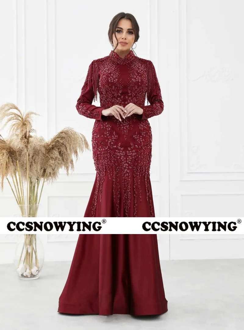 

Luxury Appliques Mermaid Muslim Evening Dress Long Sleeve Hijab Prom Formal Party Gown Islamic Saudi Arabic Robe De Soiree