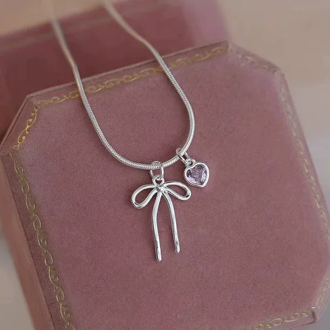 Изысканный серебряный браслет, ожерелье с кристаллами, розовое сердце, бант, любовь, панк, геометрический для женщин и девочек, модные ювелирные изделия, подарок