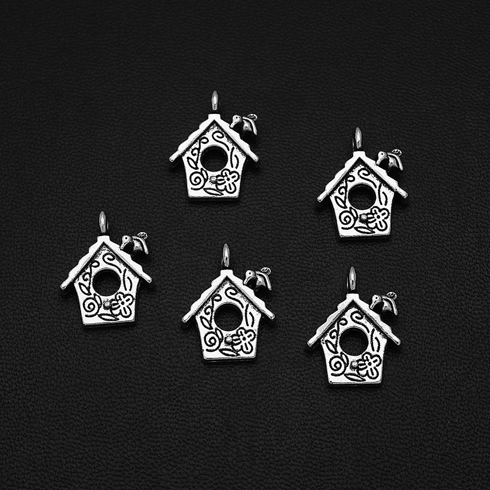 35pcs/Lots 14x17mm Antique Silver Plated Birdhouse Charm Flower Pattern Pendants For Diy Bracelet Designer Wholesale Accessories