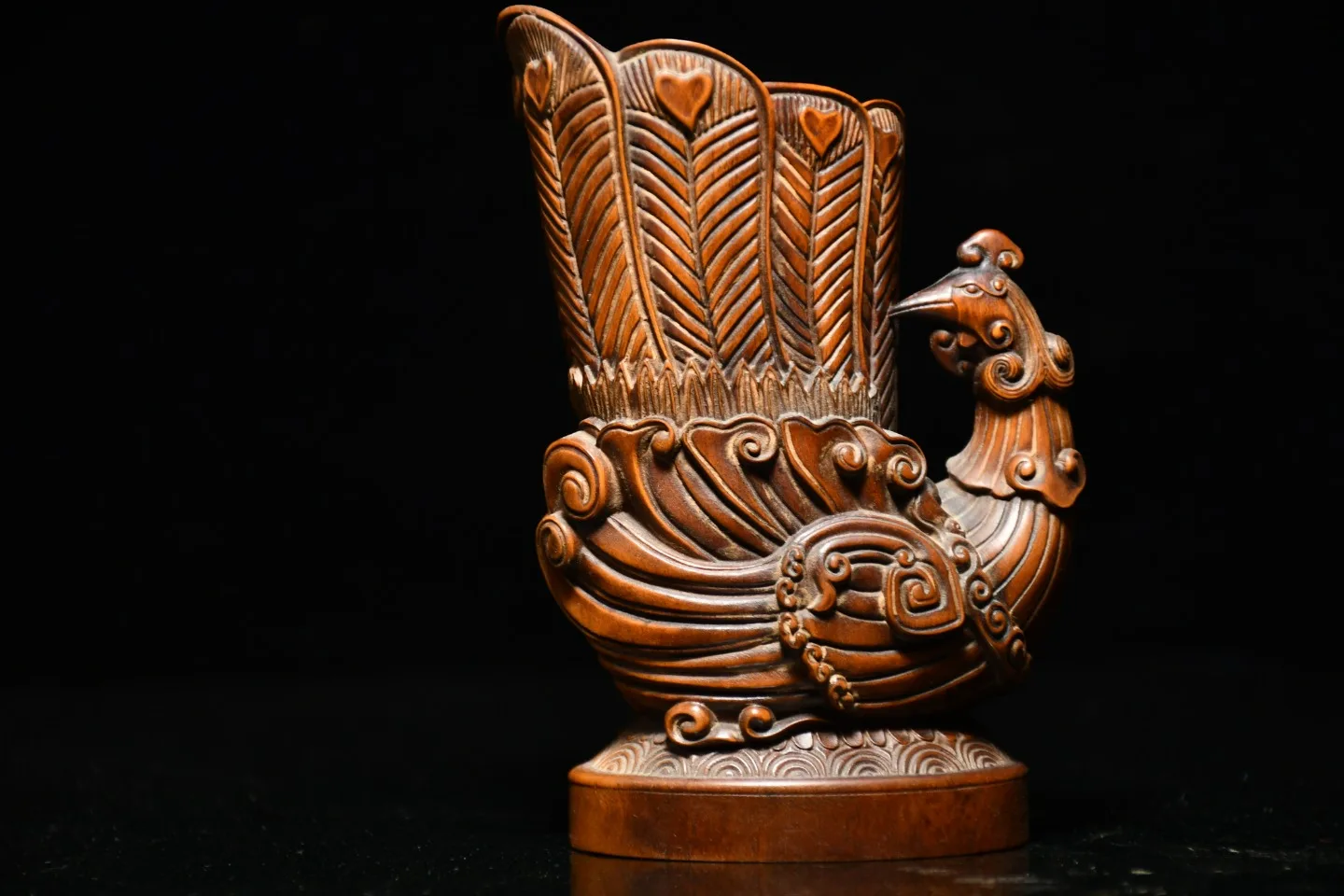 

5"Chinese Folk Collection Boxwood Phoenix open screen water glass wine glass ornament Gather fortune Town house Exorcism