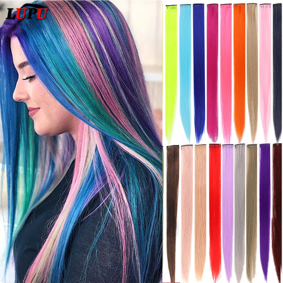 Ed Highlight Synthetic Hair Extensions Rainbow Long Straight Hairpieces For Women Kids Girls Purple Pink Blue
