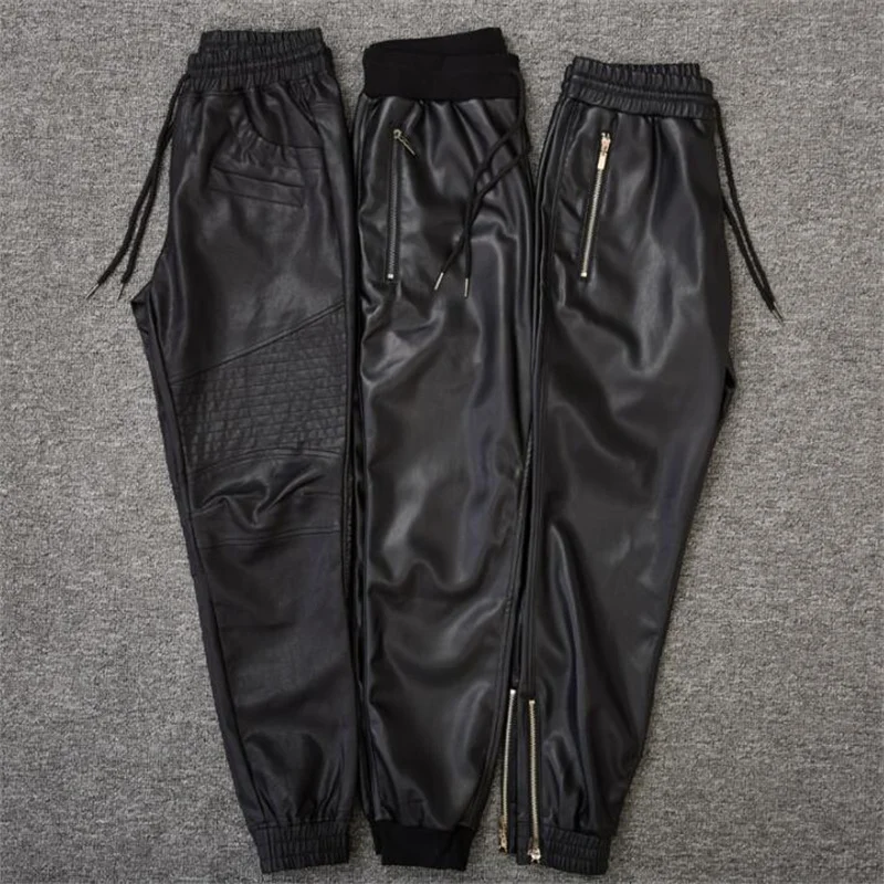 Elastic waist faux leather pants mens feet pants zipper fashion motorcycle pu trousers for men personality velvet thicken