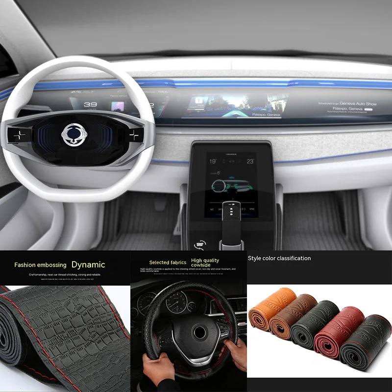 

For SSANG YONG Motor Auto Steering Wheel Covers DIY genuine leather embossing Universal braid Car steering wheel car accessories