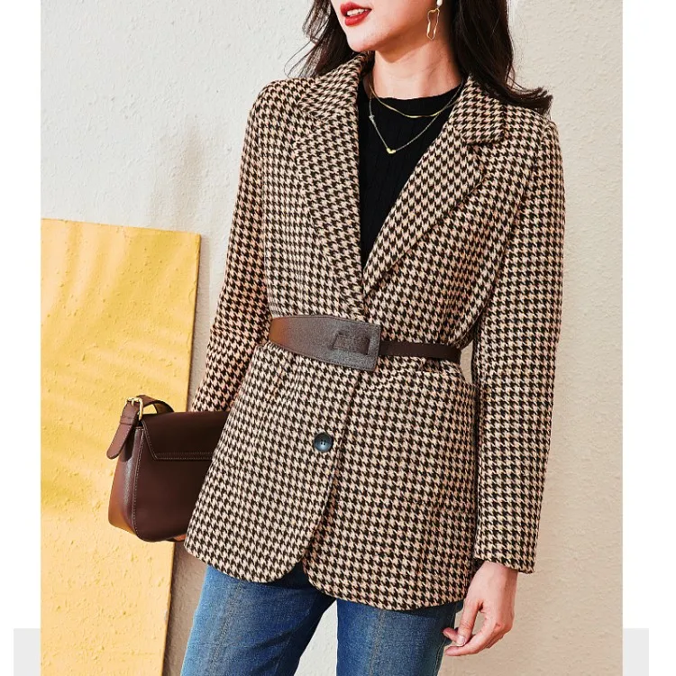 

2022 Women Houndstooth Woolen Casual Blazers Suit For Autumn Winter Office Long Sleeve Single-Breasted Female Korean Jacket Coat