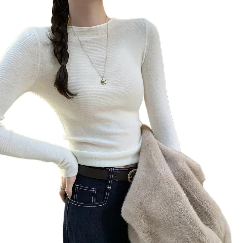 Женский вязаный топ на осень/зиму 2024 новый с круглым вырезом и длинными рукавами