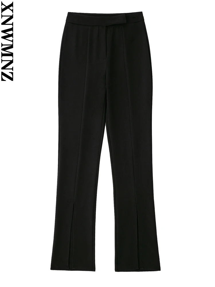 

XNWMNZ 2022 Women Fashion Slit Flared Pants Woman Retro High Waist Front Slit Office Ladies Casual Female Chic Trousers