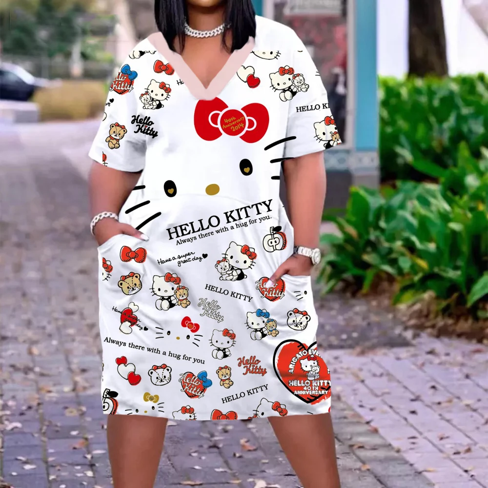 

Hello Kitty Print Midi Dress Women Fashion Boho Beach Dress Pocket Gothic Short Sleeve Party Dress Elegant Sexy Sundress