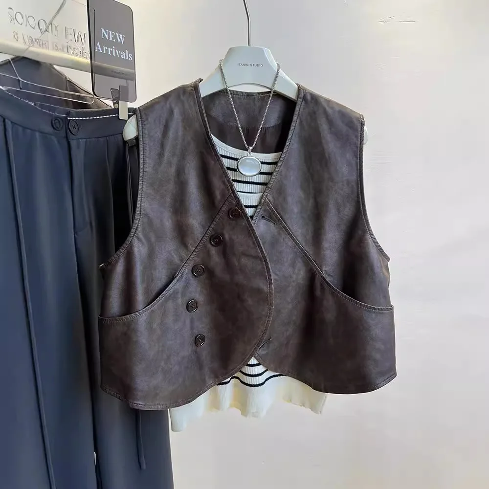 Кожаный женский короткий стиль 2024 осенний наряд новый корейский ретро-дизайн на