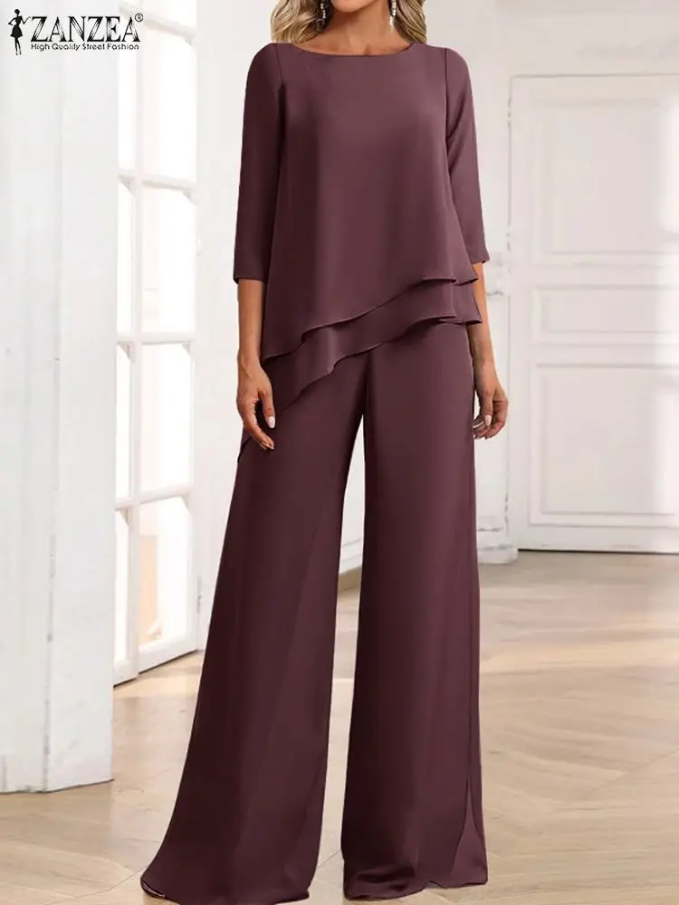 

Women 2PCS Sets Fashion ZANZEA 2023 Autumn Irregular Hem Tops Tracksuit Casual Loose Wide Leg Trousers Suits Holiday Solid Suits