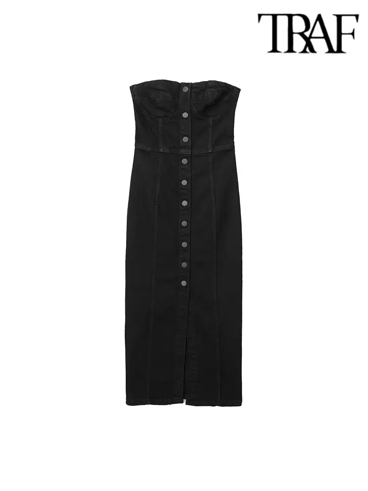 

TRAF 2023 New Spring Summer Women Dress Metal Buttons Slim Y2K Female Denim Black Long Evening Pary Dresses