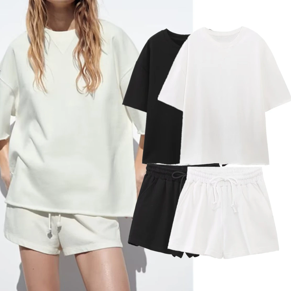 

Dave&Di Ins Blogger hIgh Street Terry Suits Fashion Solid Loose Round Neck Tops Harem Shorts Fashion Two Pieces Sets Women