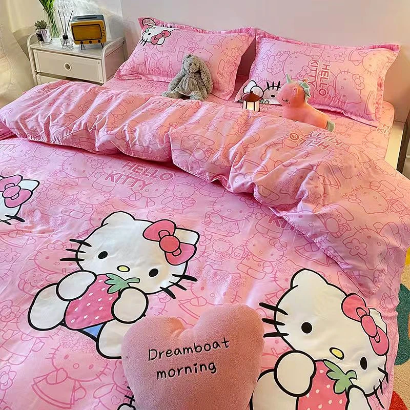 Kawaii Hello Kitty Soft 3Pcs/4Pcs Quilt Cover Sheet Pillowcase Set Anime Cartoon Skin-Friendly Warm Dormitory Bed Supplies Gifts