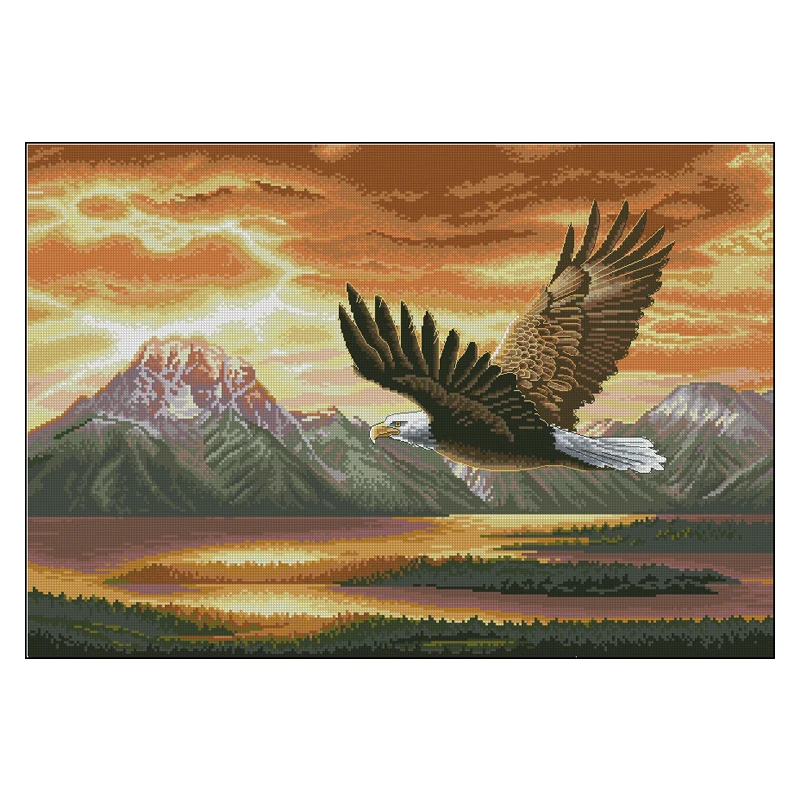 Amishop Gold Collection Beautiful Counted Cross Stitch Kit Silent Flight Sunset Sunrise Sunlit Eagle Bird Mountain Dim 35165