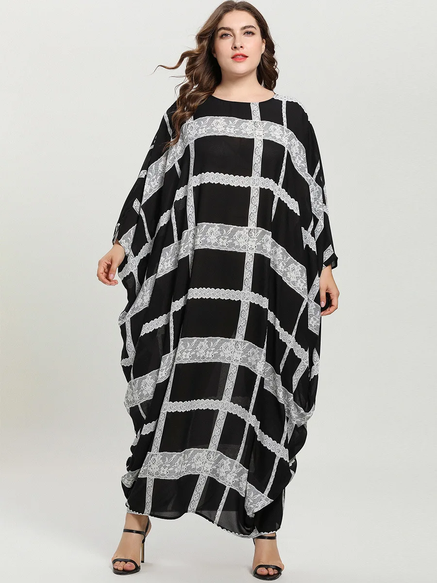 Plus Size Dresses for Women 4xl 5xl 6xl Casual Checked Lace Abaya Femme Patchwork Runway Robe Large Party Long Sleeve Clothing