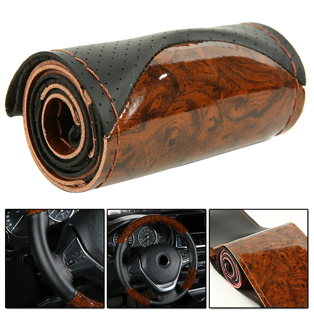

Car Steering Wheel Cover Peach Wood DIY Car Truck Leather Steering Wheel Cover With Thread And Needle Tool Set