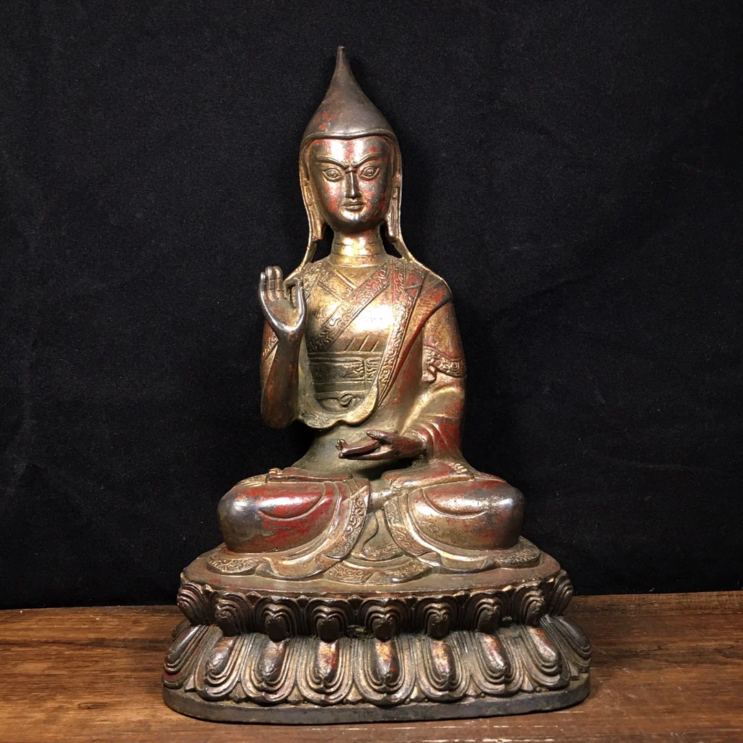 

13"Tibet Buddhism Old Bronze Cinnabar Muddy gold Tsongkhapa Buddha Buddhist theorists Rosenzaba statue Enshrine the Buddha