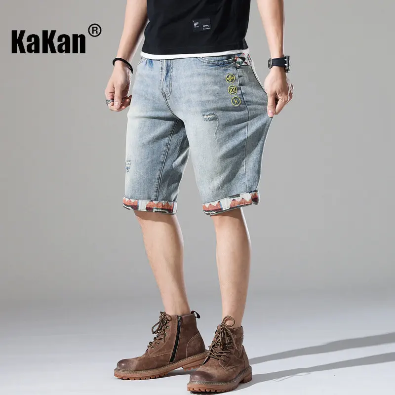 Kakan New Summer Embroidery Perforated Capris Jeans Men's Wear, Baby Blue Shorts Korean  Mid Rise Jeans K19-820