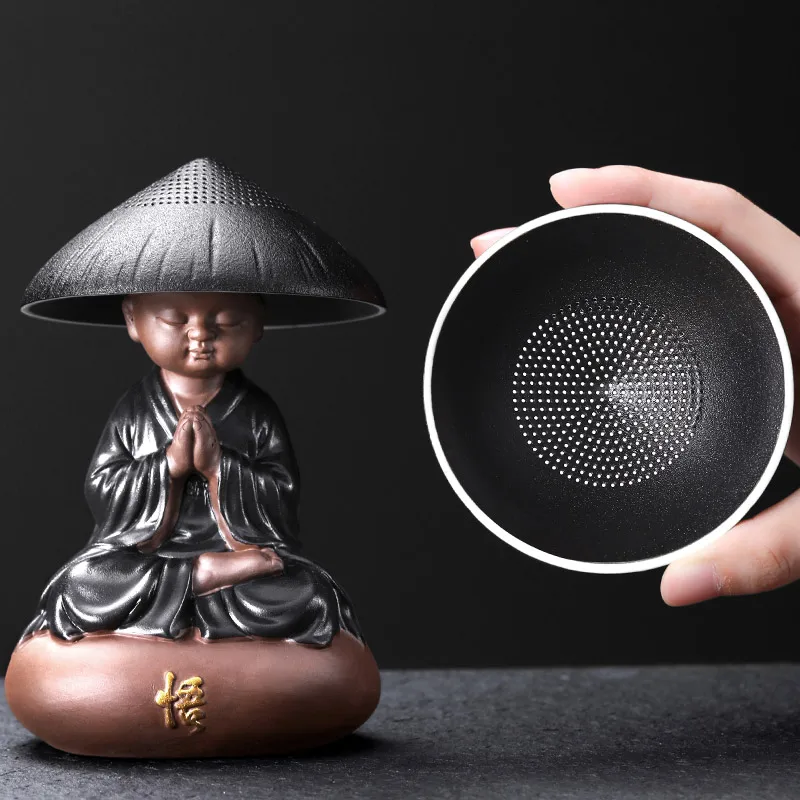 

Redware Little Monk Tea Pet with Bamboo Hat Strainer Filter Tea Set Accessories Kung Fu Ceramic Figurines Teapet Zen Ceremony