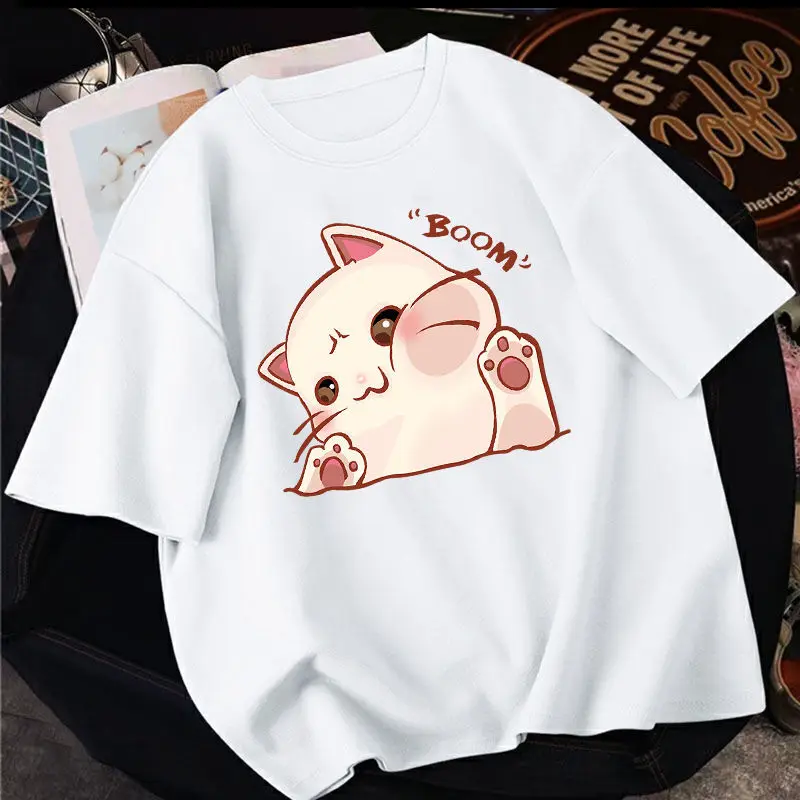

100% Cotton Tees Female Harajuku y2k Clothes Loose Anime Kawaii BOOM Cat Print T Shirt Summer Short Sleeved T-shirts Women Tops
