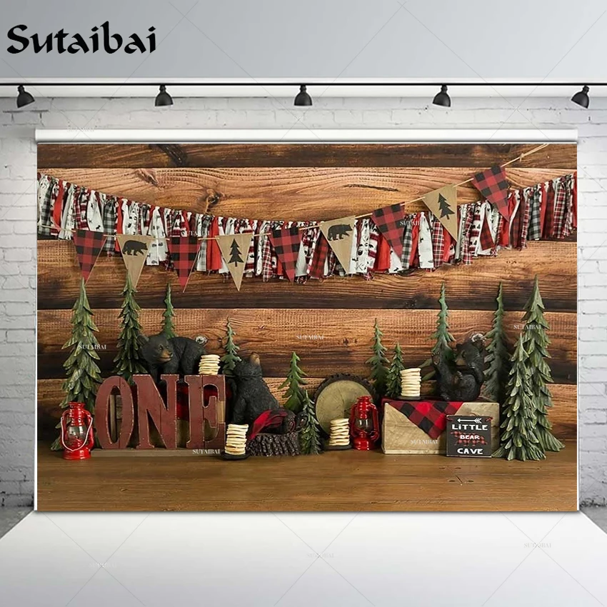 

Jungle Safari Wild One Bears Wooden Backdrop for Photography Forest Adventure Baby Shower Kid 1st Birthday Background PhotoBooth