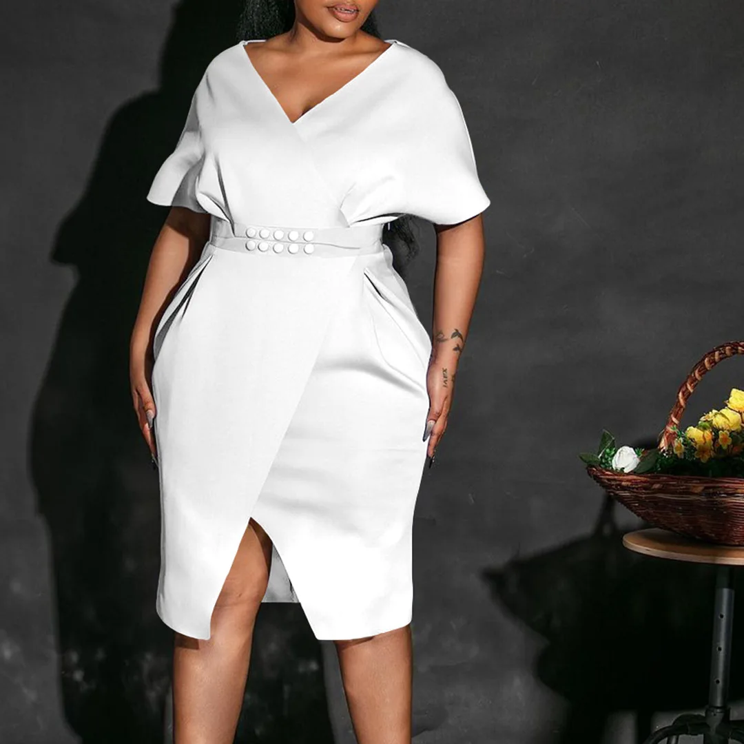 Plus Size Pretty Dress Elegant V Neck Belt Formal Cloth Casual Luxury Party Robe 2023 Summer Women Trendy Evening New In Dress