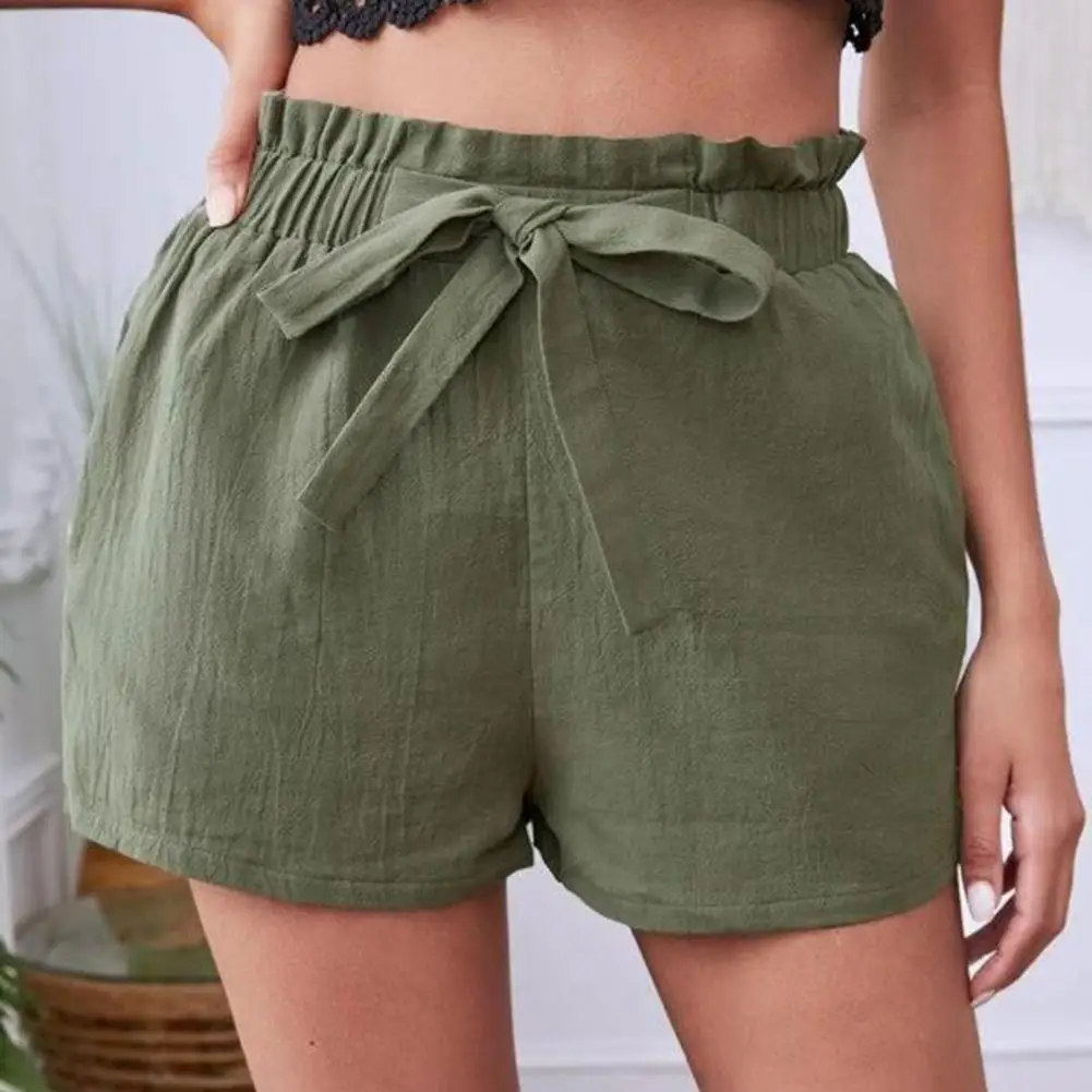 

Women Shorts Solid Color Elastic Waist Drawstring Shirring Women Trousers for Daily Wear