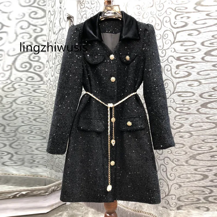 

Женское твидовое черное платье, осень 2023, женское Бархатное облегающее платье с воротником и блестками, элегантное новое поступление