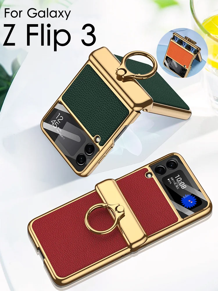 

Простой кожаный чехол для Samsung Galaxy Z Flip 3, Магнитный чехол-подставка с гальваническим покрытием и кольцом на палец