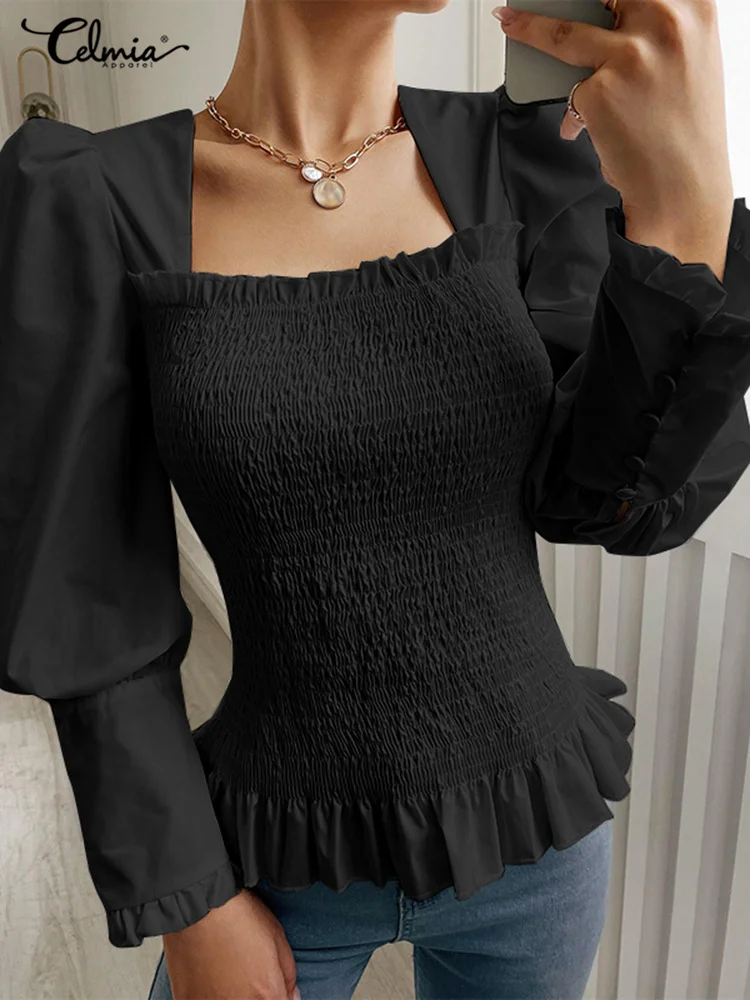 

Women Fashion Long Puff Sleeve Tunic Celmia Vintage Square Collar Blouse Elegant Solid Color Tops 2022 Ruffled Hem Pleated Blusa