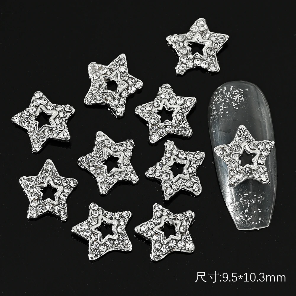 

10pcs 3D Kawaii Silver Star Glitter Nail Charms Crystal Rhinestones Gem Alloy Luxury Jewelry Pentagram Pendant For DIY Manicure